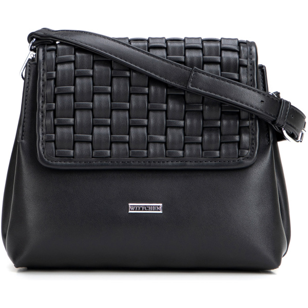 Čierna dvojkomorová crossbody kabelka s pleteným detailom a klopou 94-4Y-608-1
