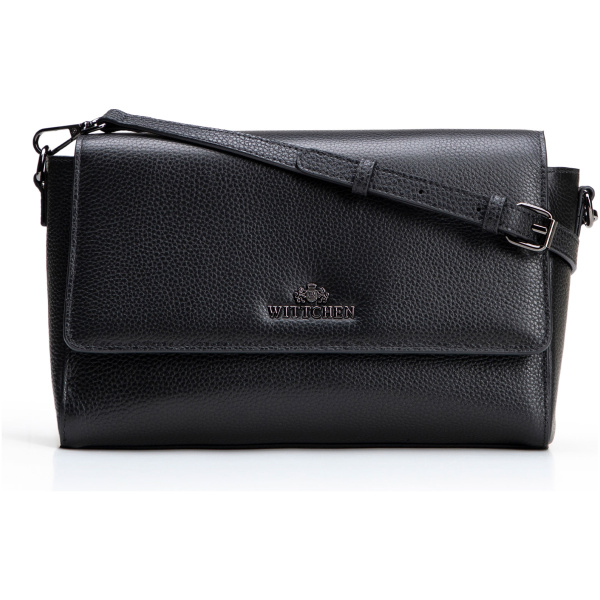 Čierno-strieborná crossbody kabelka z prírodnej kože s klopou 102-4E-211-1S
