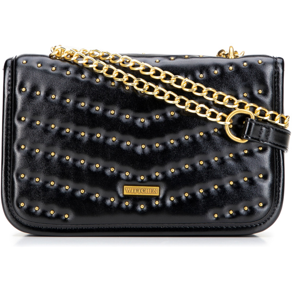 Čierno-zlatá crossbody kabelka z imitácie kože s retiazkou a ozdobnými cvokmi 101-4Y-428-1G