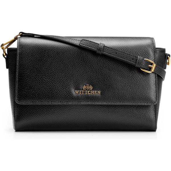 Čierno-zlatá crossbody kabelka z prírodnej kože s klopou 102-4E-211-1G