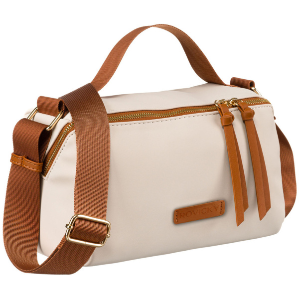 Dámska béžová crossbody kabelka z nylonu s hnedými detailmi