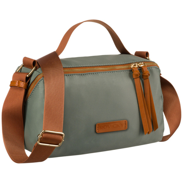Dámska zelená crossbody kabelka z nylonu s hnedými detailmi
