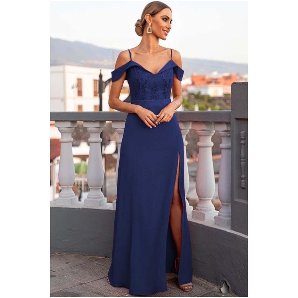 EMO Tmavomodré spoločenské šaty s krajkou spustené na ramená Veľkosť: L