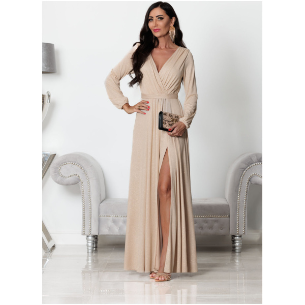 Elizabeth Collection Béžové trblietavé šaty s rozparkom Veľkosť: XL