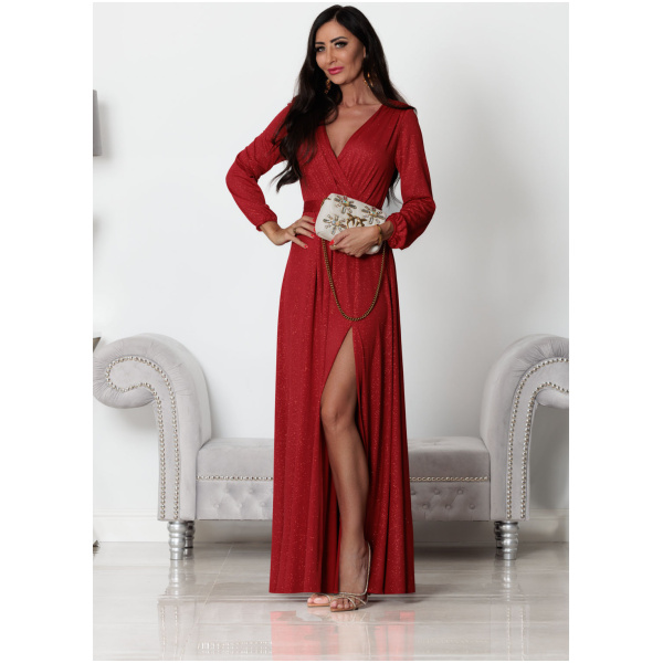 Elizabeth Collection Červené trblietavé šaty s rozparkom Veľkosť: XL