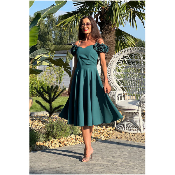 Elizabeth Collection Smaragdové midi šaty s ružami Veľkosť: S