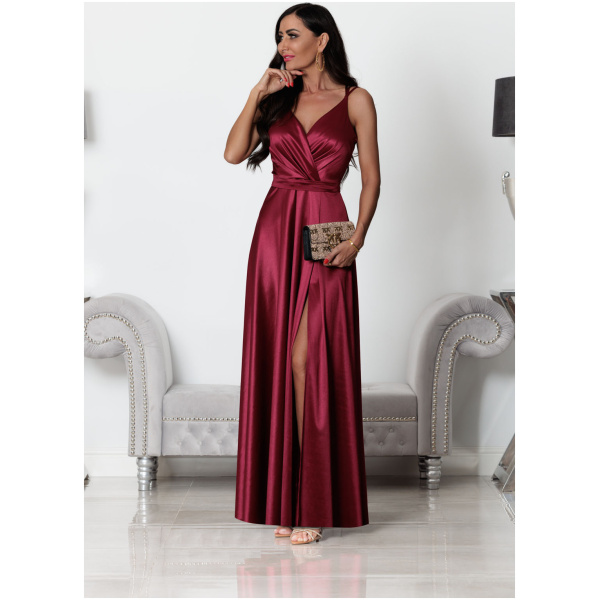 Elizabeth Collection Vínové lesklé šaty s rozparkom Veľkosť: L