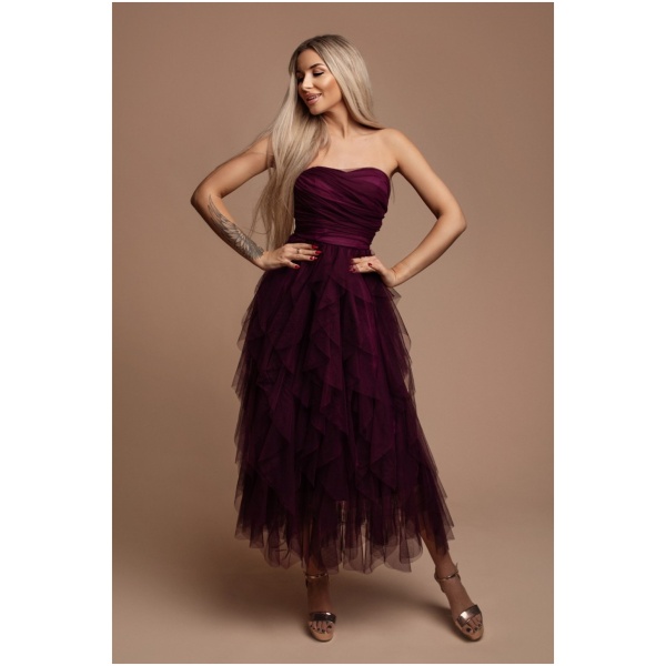 Eva & Lola Purpurové midi šaty s nariaseným tylom Veľkosť: S