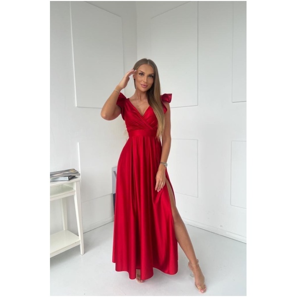 For You Fashion Červené lesklé šaty s volánikovými rukávmi Veľkosť: XXL