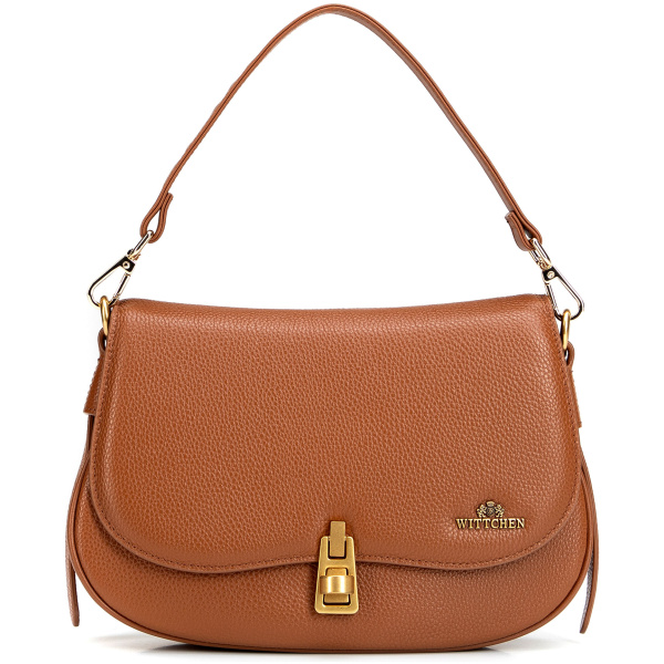 Hnedá dvojkomorová sedlová crossbody kabelka z prírodnej kože s ozdobnými cvokmi a kovovou sponou 102-4E-664-5