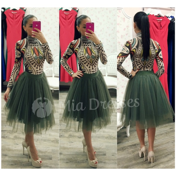 Khaki midi tylová tutu sukňa Veľkosť: M