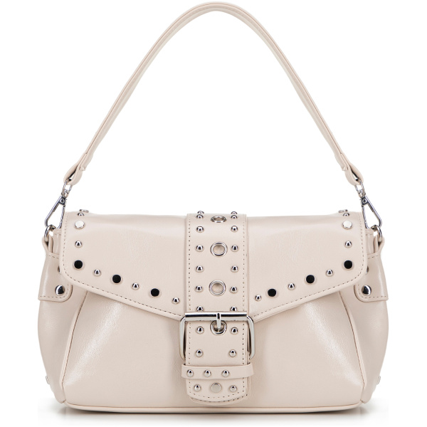 Krémová crossbody kabelka z imitácie kože s ozdobnými cvokmi 100-4Y-207-0