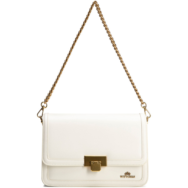 Krémová dvojkomorová crossbody kabelka z prírodnej kože s retiazkou a ozdobnými cvokmi 100-4E-207-0