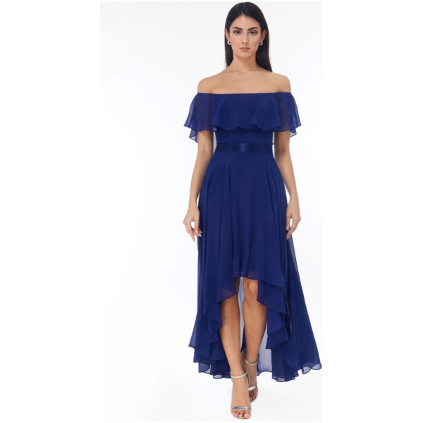 Modré asymetrické šaty spustené na ramená Veľkosť: L
