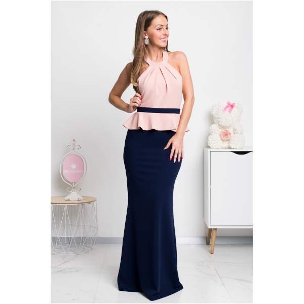 Modro-púdrové spoločenské šaty s peplum volánikom Veľkosť: L