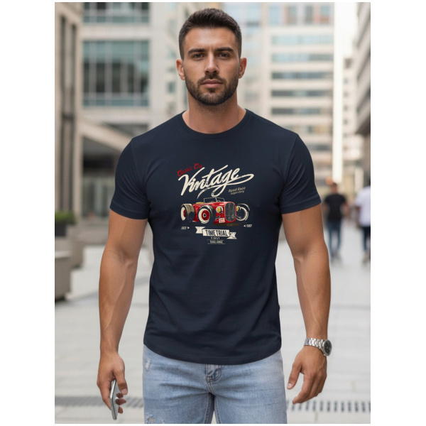 Pánske tmavomodré retro tričko s potlačou Dstreet NX5094R