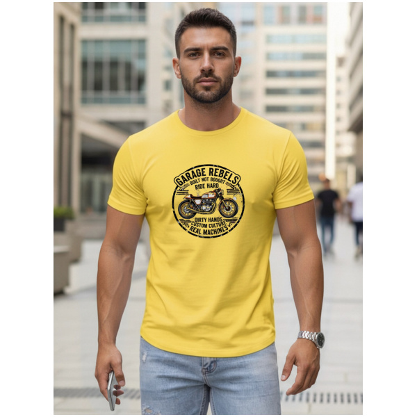 Pánske žlté tričko s motocyklovou potlačou Dstreet NX5007R