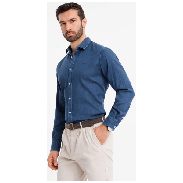 Trendy tmavomodrá rifľová košeľa s logom V1 SHDS-0180 - XXL