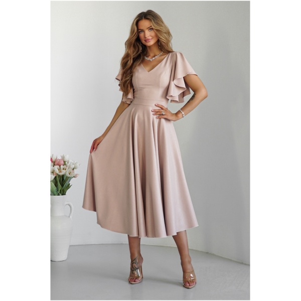 Warsaw Dress Béžové midi šaty s volánovými rukávmi Veľkosť: XS