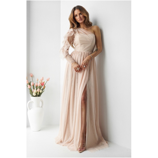 Warsaw Dress Béžové tylové trblietavé šaty Veľkosť: XL
