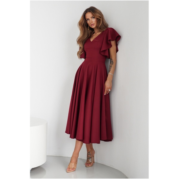 Warsaw Dress Bordové midi šaty s volánovými rukávmi Veľkosť: M