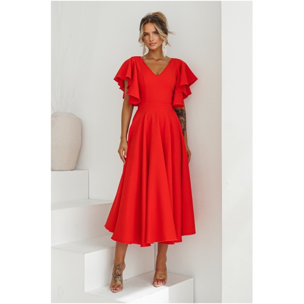 Warsaw Dress Červené midi šaty s volánovými rukávmi Veľkosť: 4XL
