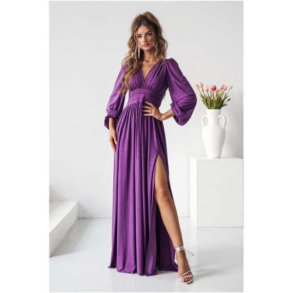 Warsaw Dress Fialové trblietavé šaty s dlhými rukávmi Veľkosť: XXXL