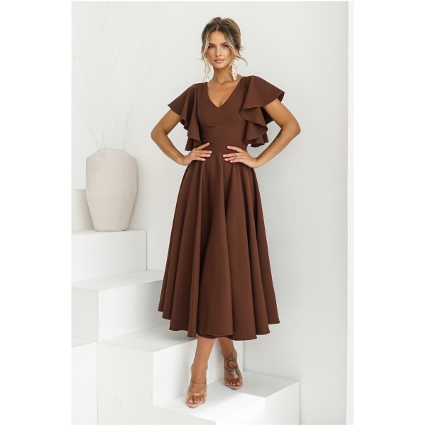 Warsaw Dress Hnedé midi šaty s volánovými rukávmi Veľkosť: XL