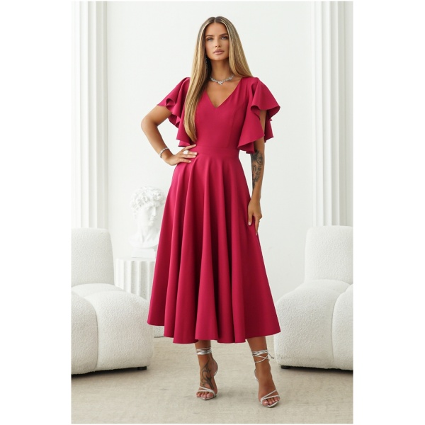 Warsaw Dress Malinové midi šaty s volánovými rukávmi Veľkosť: XL