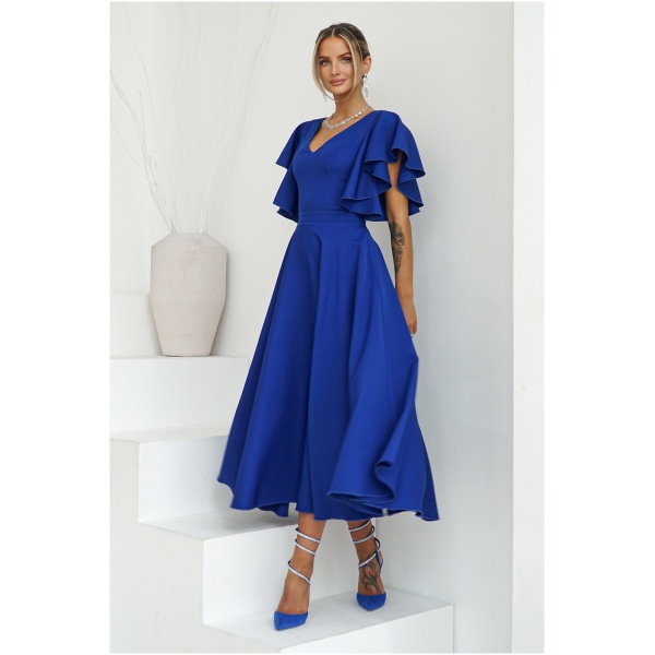 Warsaw Dress Modré midi šaty s volánovými rukávmi Veľkosť: 4XL