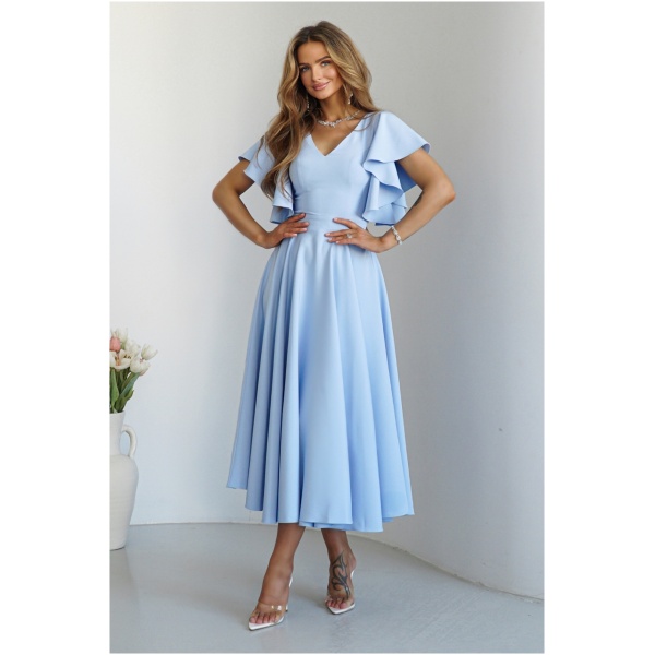 Warsaw Dress Svetlomodré midi šaty s volánovými rukávmi Veľkosť: XL