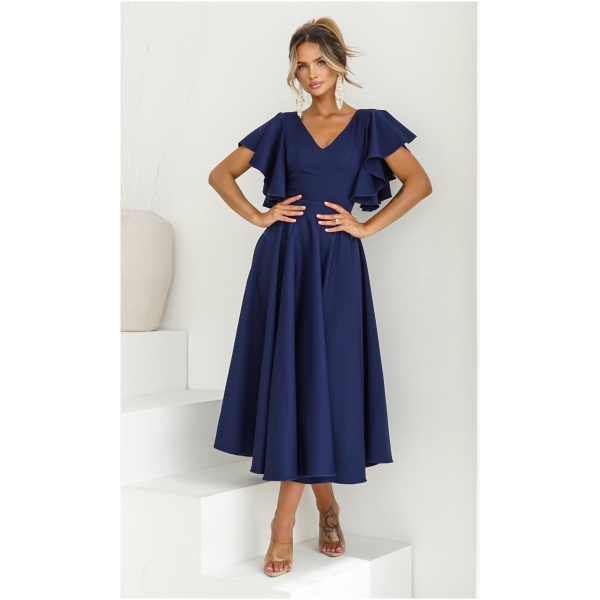 Warsaw Dress Tmavomodré midi šaty s volánovými rukávmi Veľkosť: S