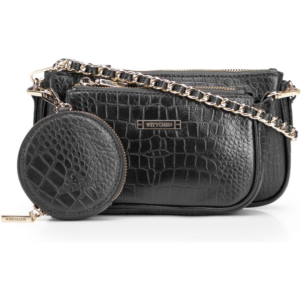 Čierna dámska crossbody kabelka z prírodnej kože s reliéfnou štruktúrou a puzdrom 29-4E-011-10