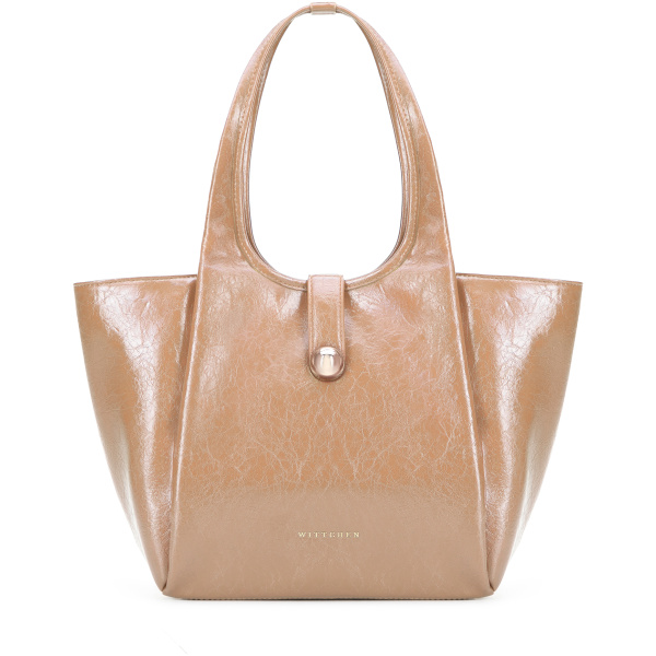 Dámska shopper kabelka z ekologickej kože béžová s ozdobným pásikom 101-4Y-418-9