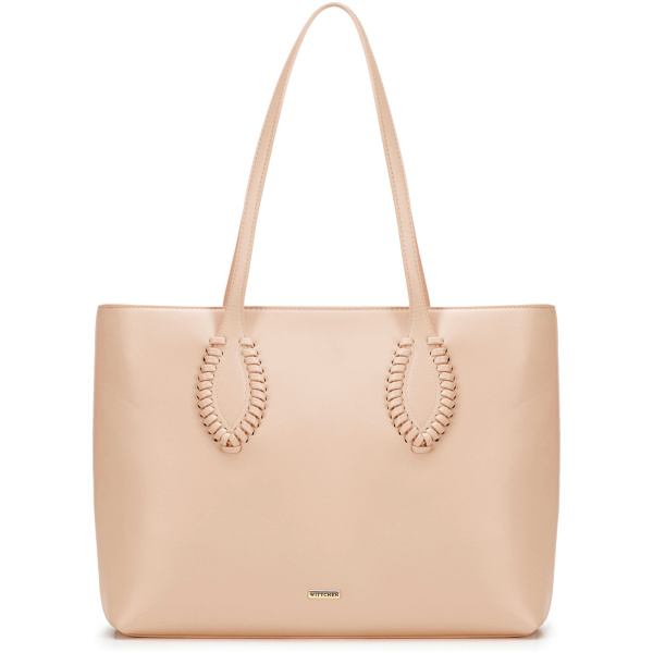 Dámska shopper kabelka z ekologickej kože béžová s pleteným detailom 100-4Y-234-9