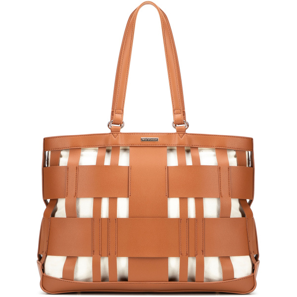 Dámska shopper kabelka z imitácie kože hnedá s pleteným detailom 100-4Y-424-5
