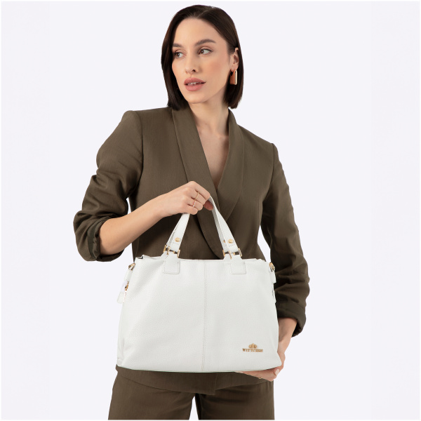 Dámska shopper kabelka z prírodnej kože biela s dvojkomorovým riešením 100-4E-805-0