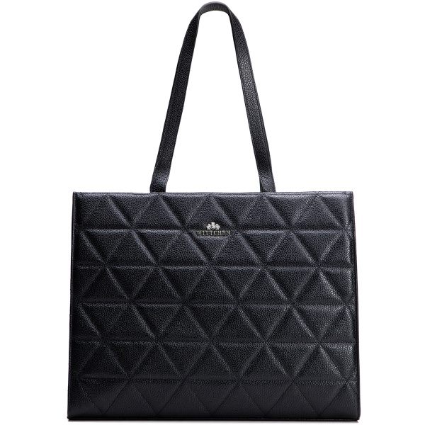 Dámska shopperka z kože s geometrickým prešívaním čierno-strieborná 100-4E-613-1S