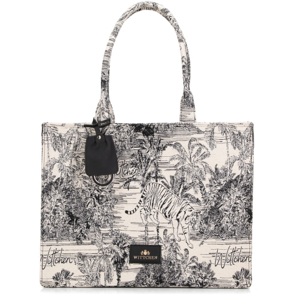 Dámska žakárová shopper kabelka so vzorom čierno-krémová 99-4E-500-X2