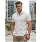 Letná biela slim fit košeľa s krátkym rukávom - 3XL