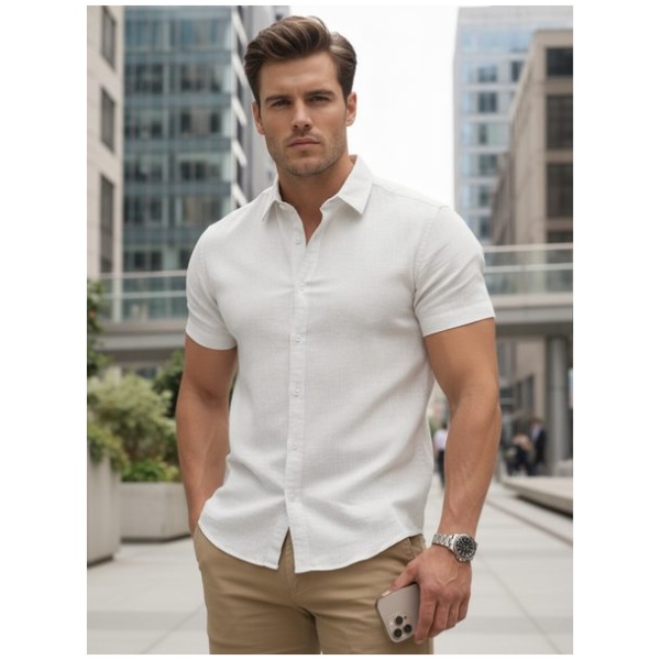 Letná biela slim fit košeľa s krátkym rukávom - 3XL