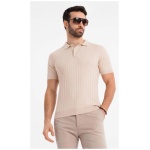 Pánska béžová SLIM FIT pruhovaná polokošeľa V2 POSS-0143 - XXL