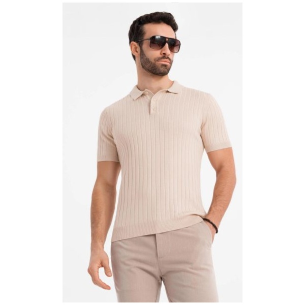 Pánska béžová SLIM FIT pruhovaná polokošeľa V2 POSS-0143 - XXL