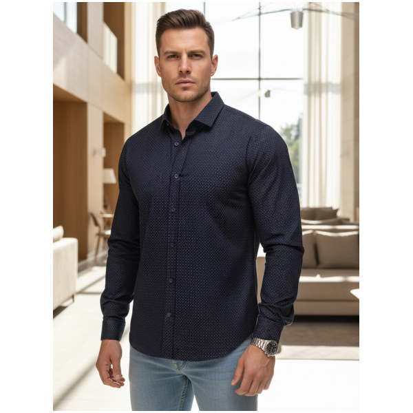 Pánska košeľa slim fit DX2690 – tmavomodrá košeľa s geometrickým vzorom