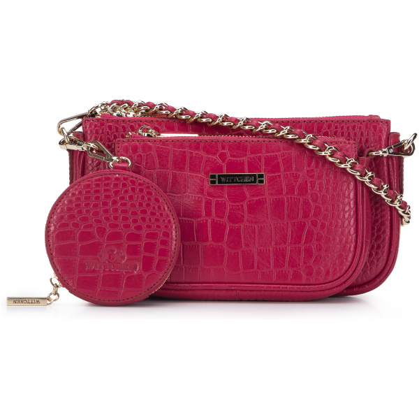 Ružová dámska crossbody kabelka z prírodnej kože s puzdrom a retiazkovým detailom 29-4E-011-33