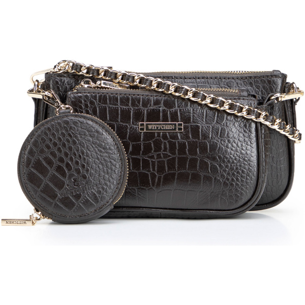 Tmavohnedá dámska crossbody kabelka z prírodnej kože s puzdrom a retiazkovým detailom 29-4E-011-4